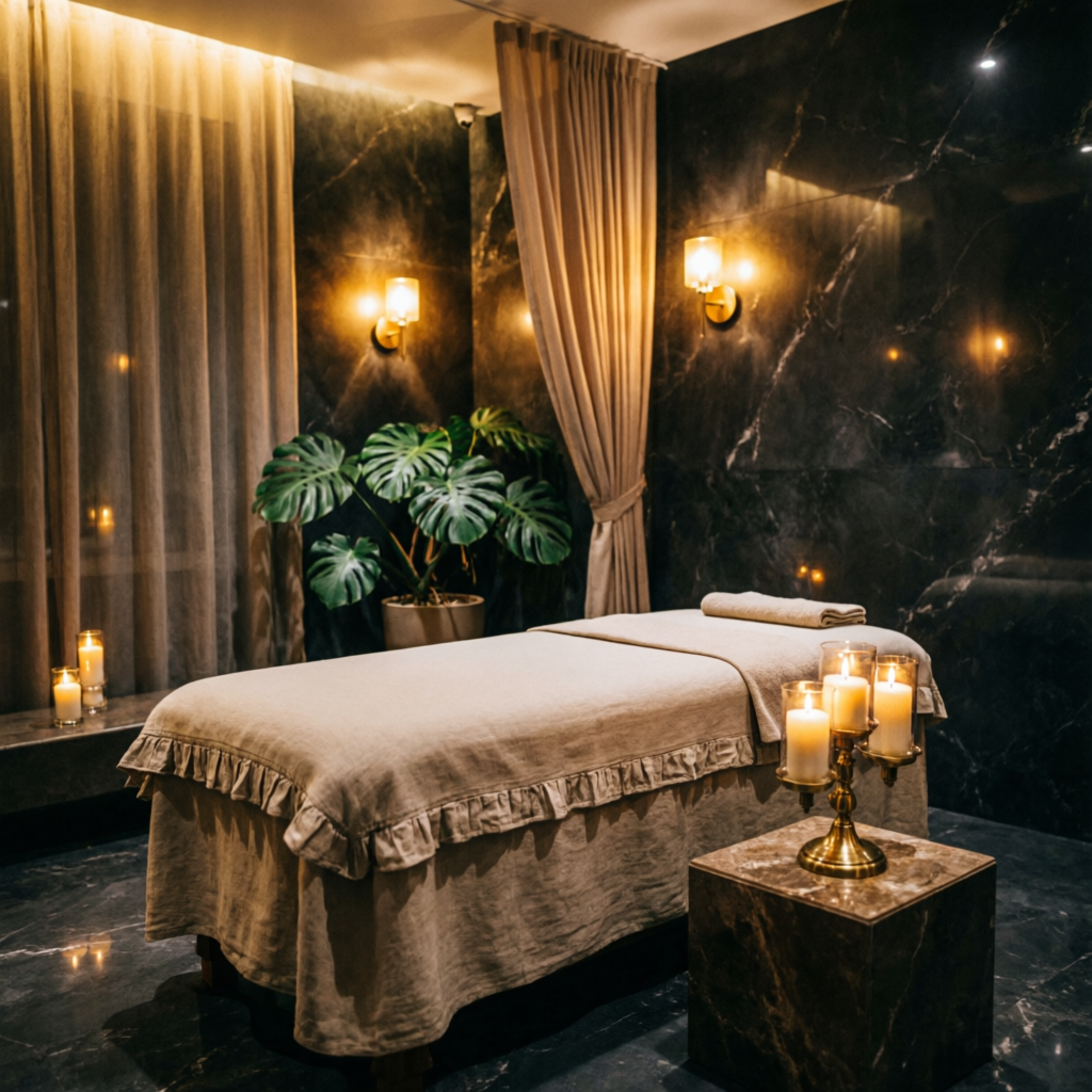 24 hour luxury spa service with golden night lighting