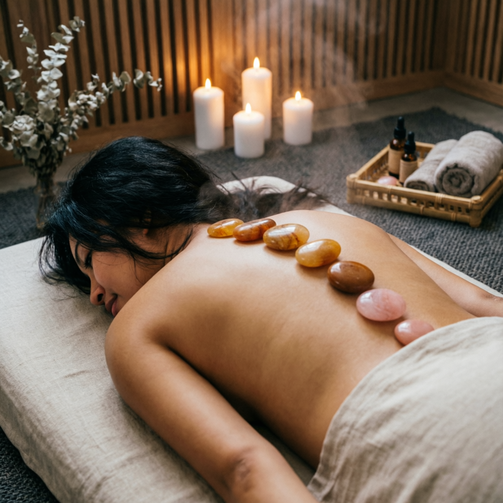 Relaxation stone therapy with warm candles