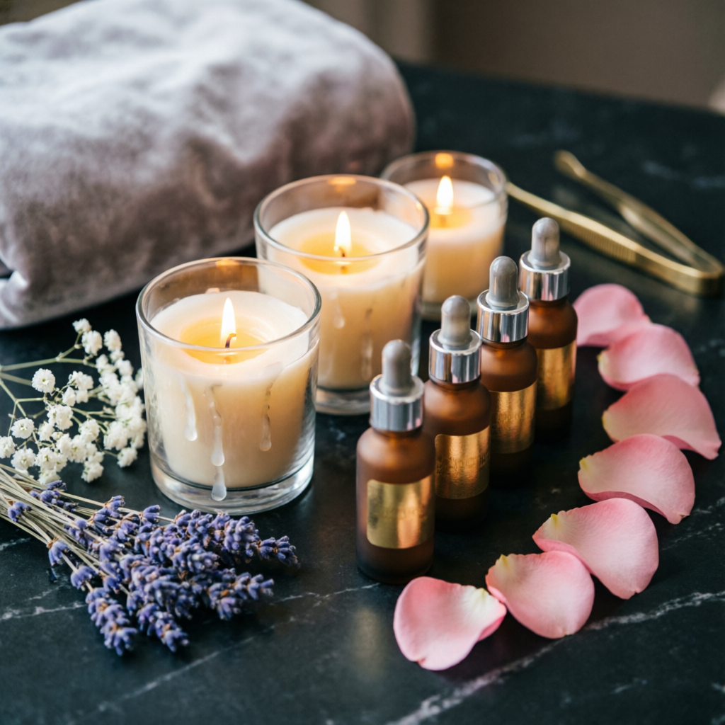 Spa oils, candles and wellness products arrangement