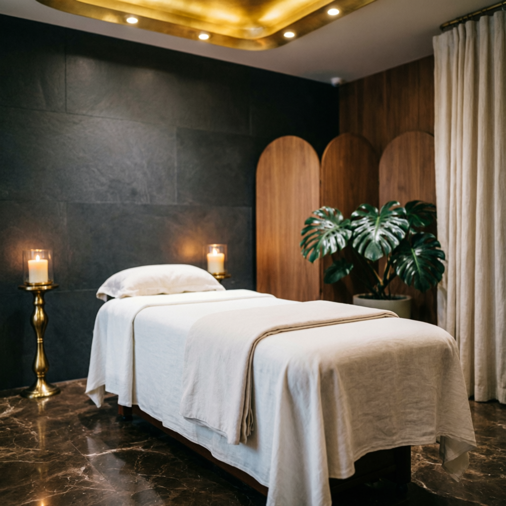 Luxury spa room with candles and massage table