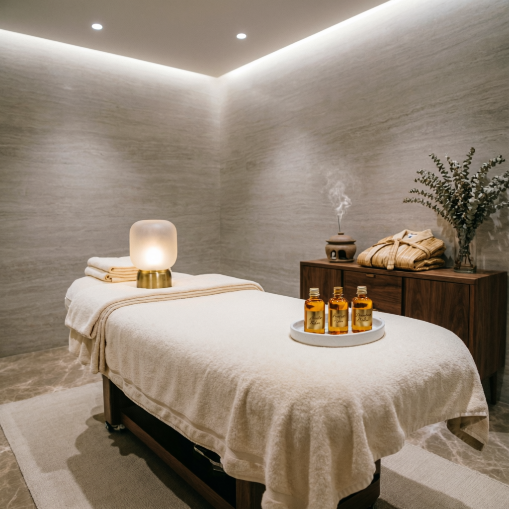 Luxury spa treatment room with relaxation setup