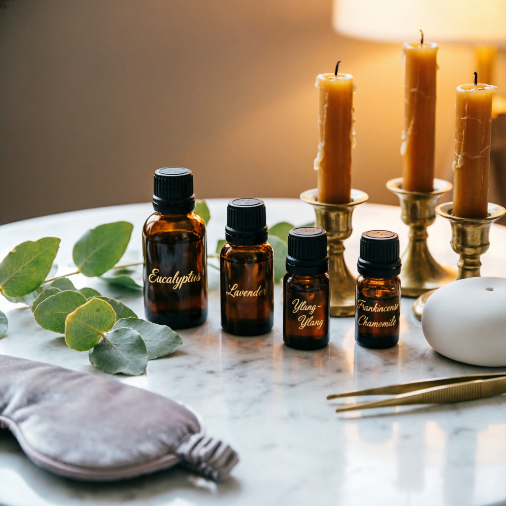 Essential oils and luxury spa accessories display