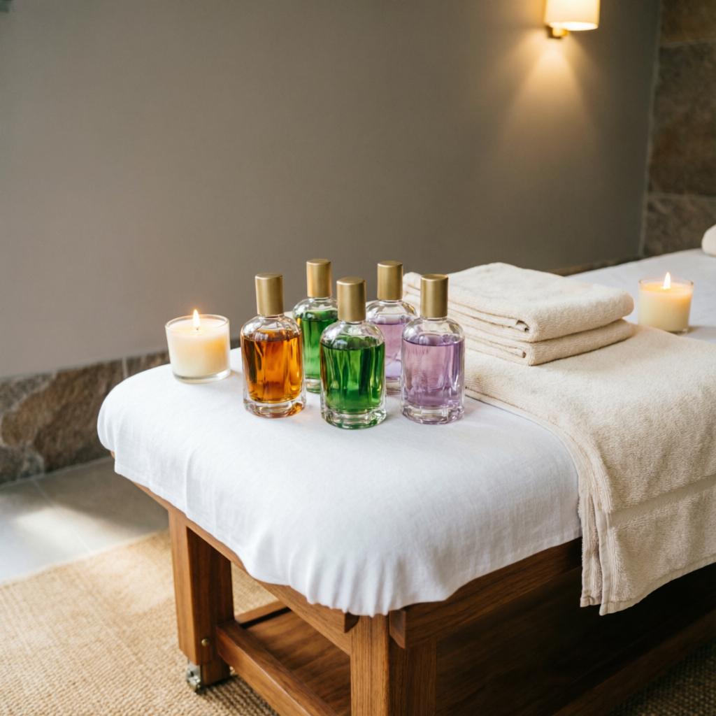 Aromatherapy essential oils setup at Navya Spa