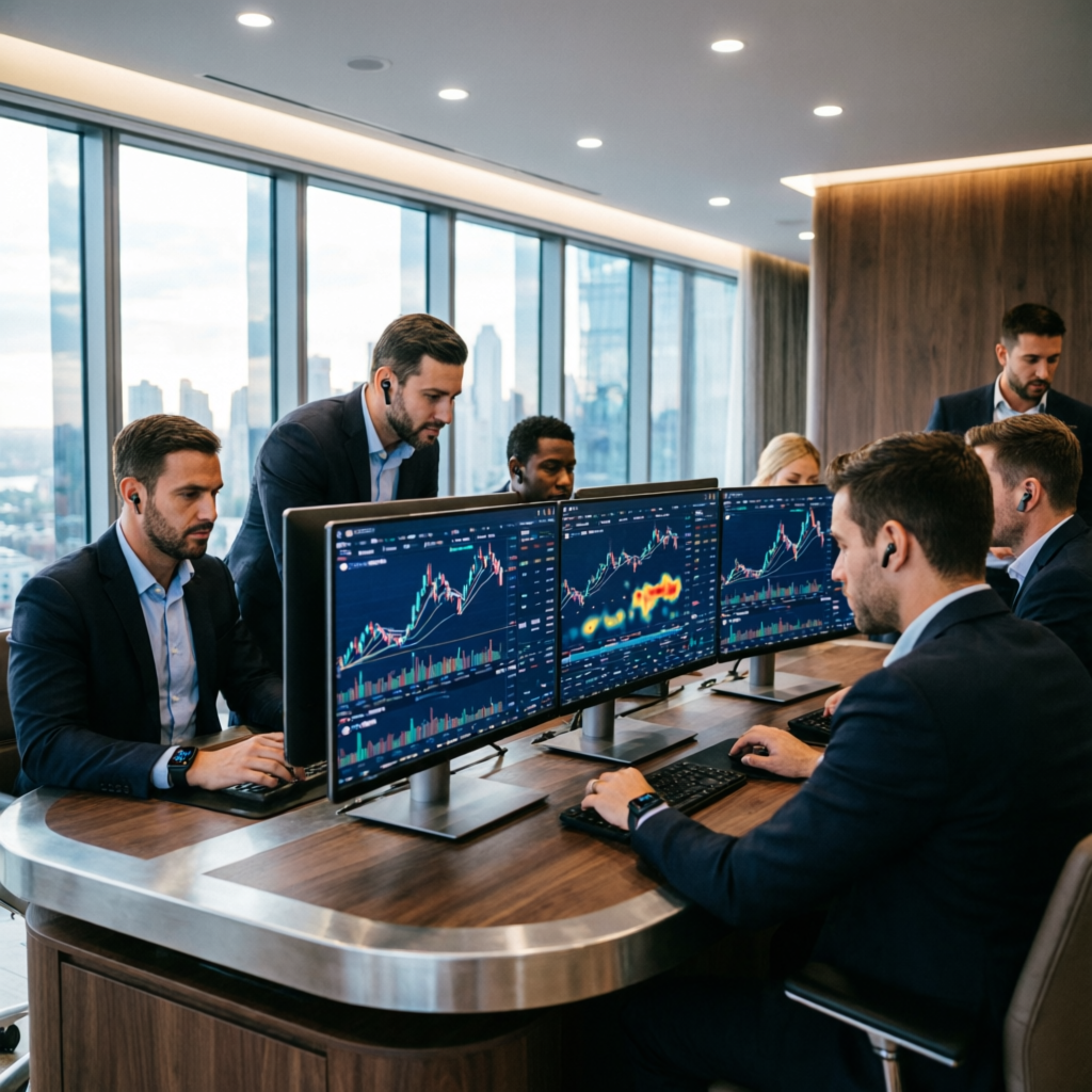 Professional forex trading team analyzing financial markets