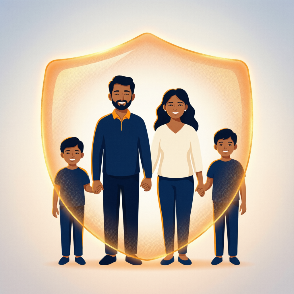 Indian family protected under a glowing health insurance shield