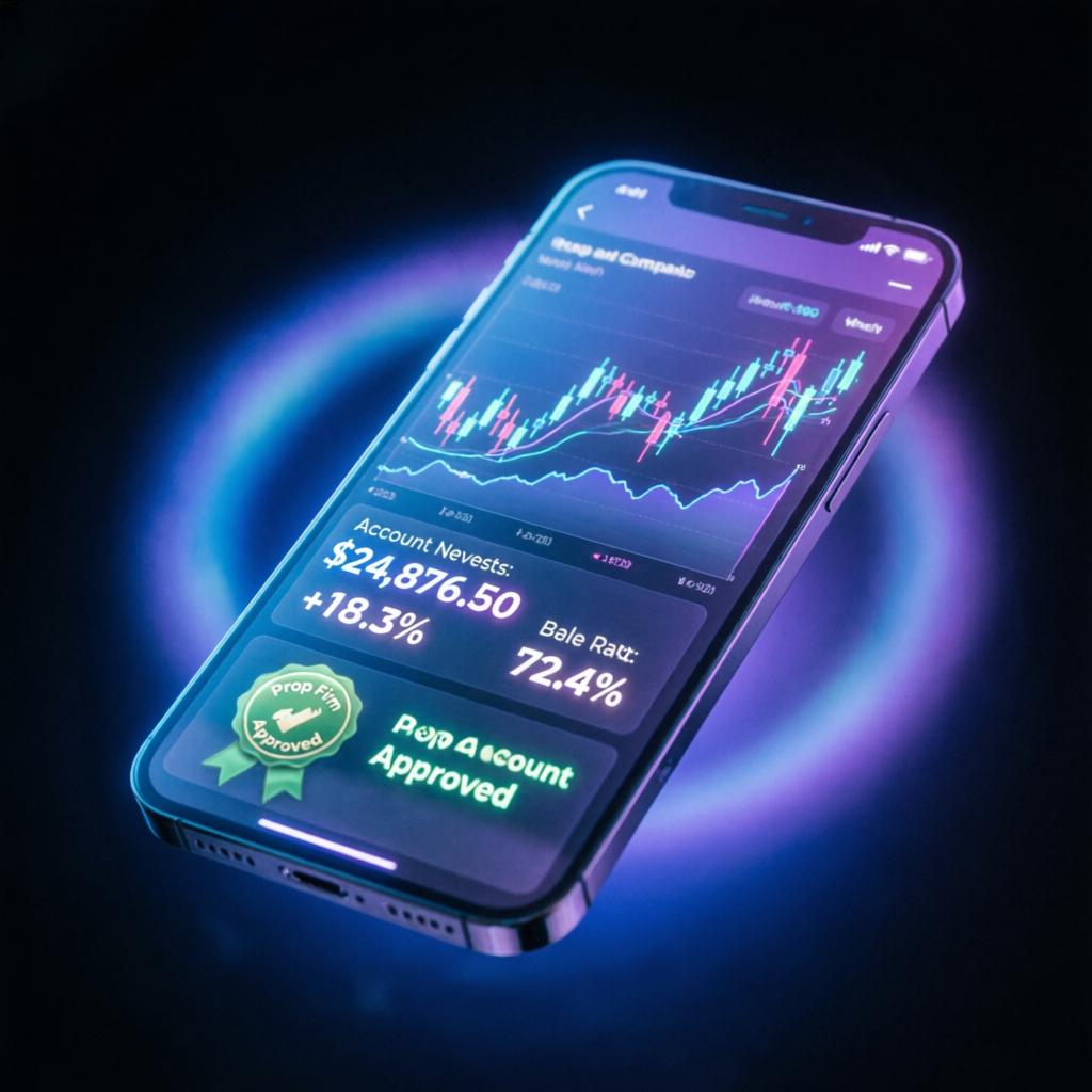 Mobile Trading App Showing Prop Firm Account Success and Funded Status