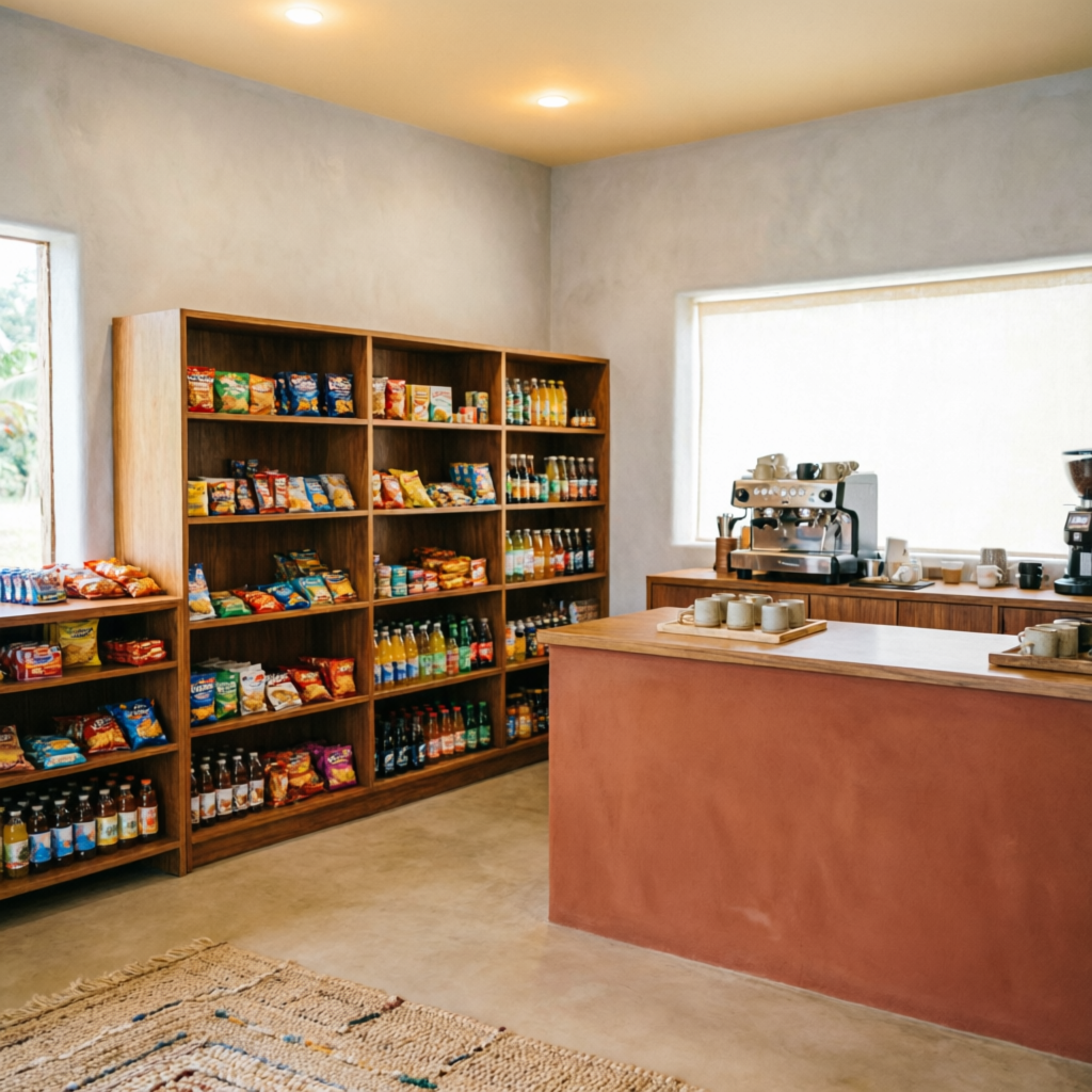 Estanterías de madera y barra de café de la tienda de conveniencia El Rodeo