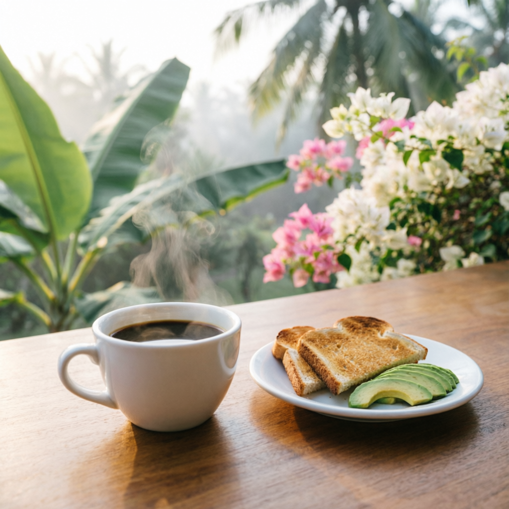 Café de la mañana con desayuno frente a jardines tropicales en El Rodeo