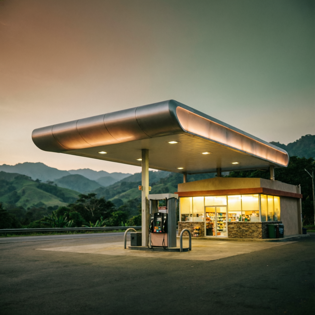 Gasolinera UNO iluminada al anochecer junto a la carretera