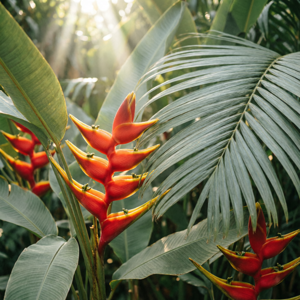 Heliconias y hojas de palma con rayos de sol en los jardines
