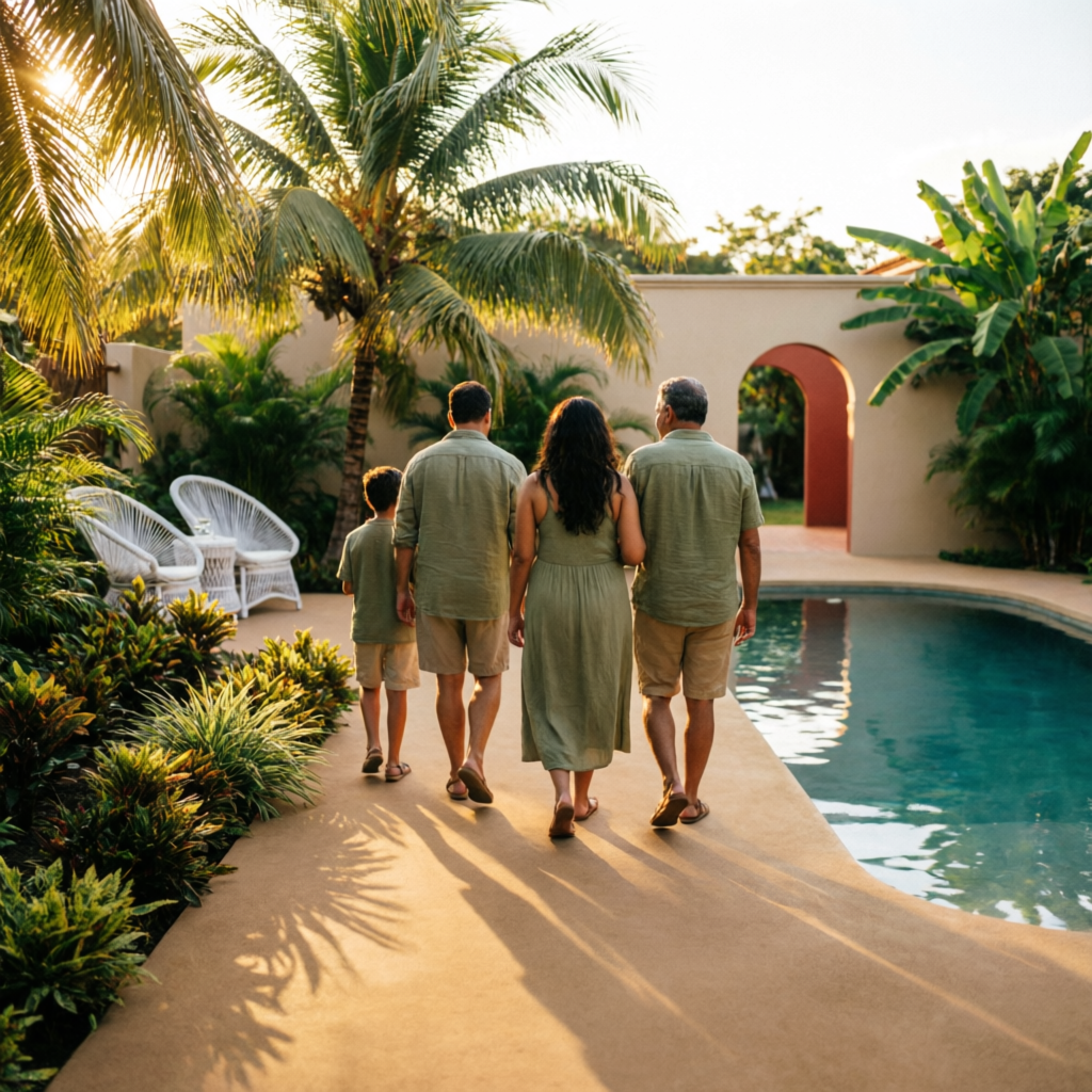Familia caminando junto a la piscina del Centro Turístico El Rodeo al atardecer