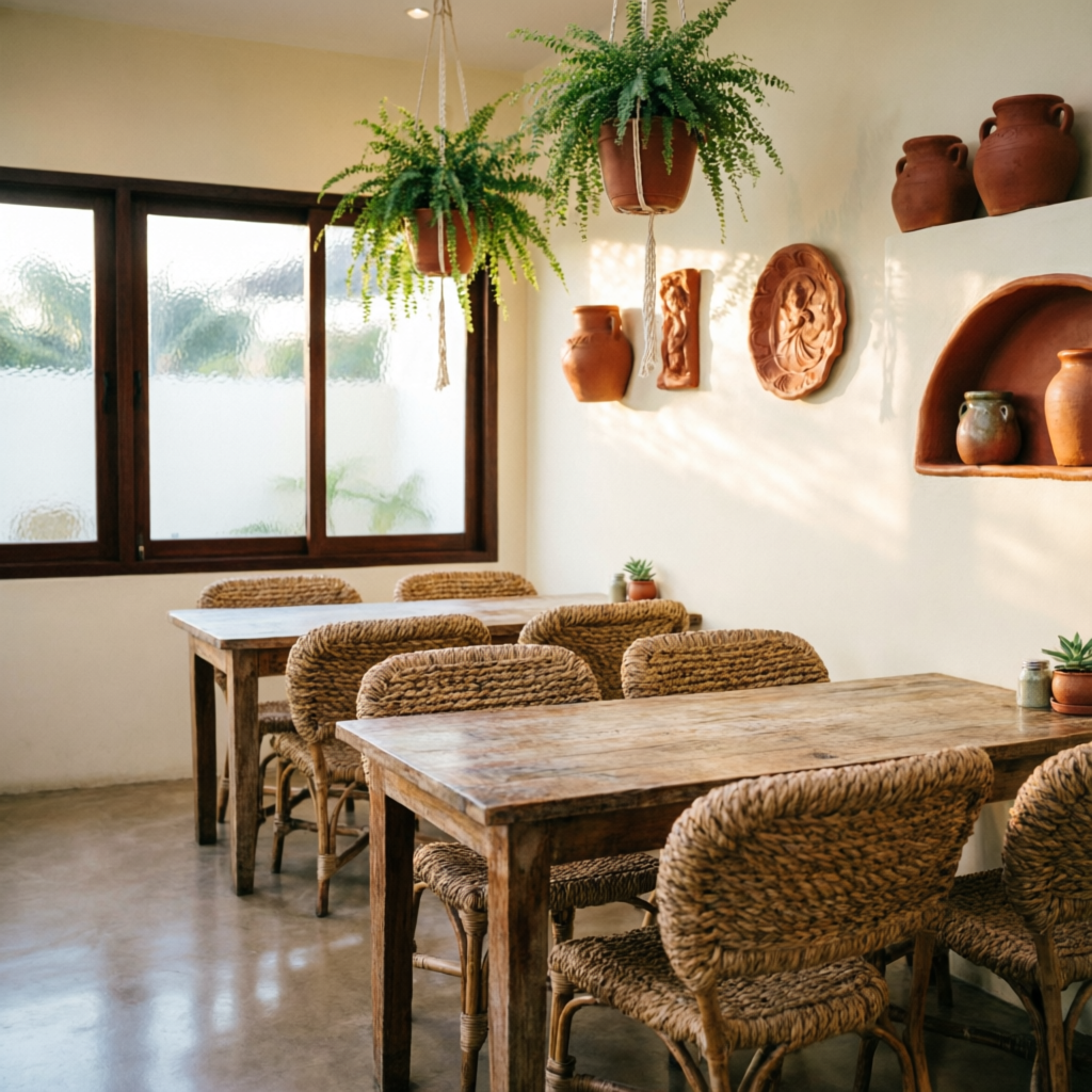 Interior cálido del Restaurante El Rodeo con mesas de madera y plantas colgantes