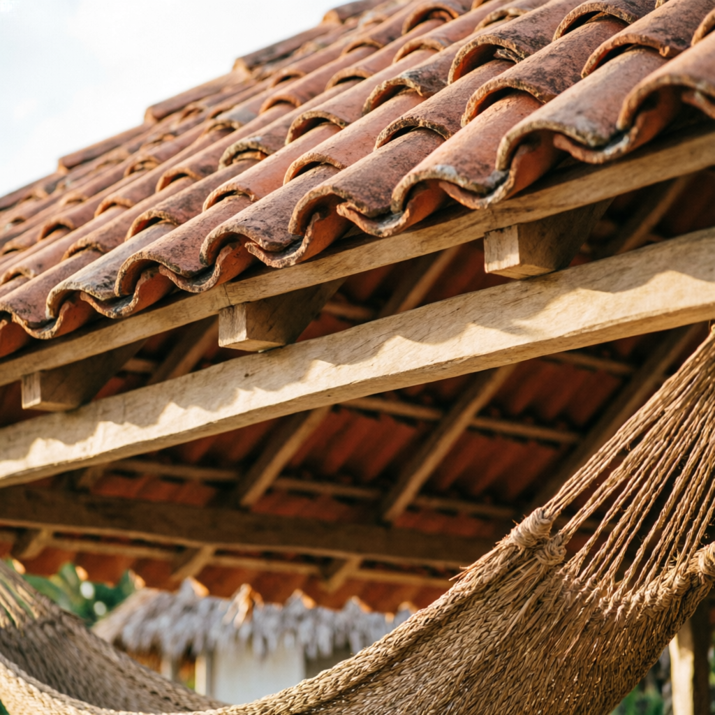 Detalle de tejas de barro, vigas de madera y hamaca artesanal