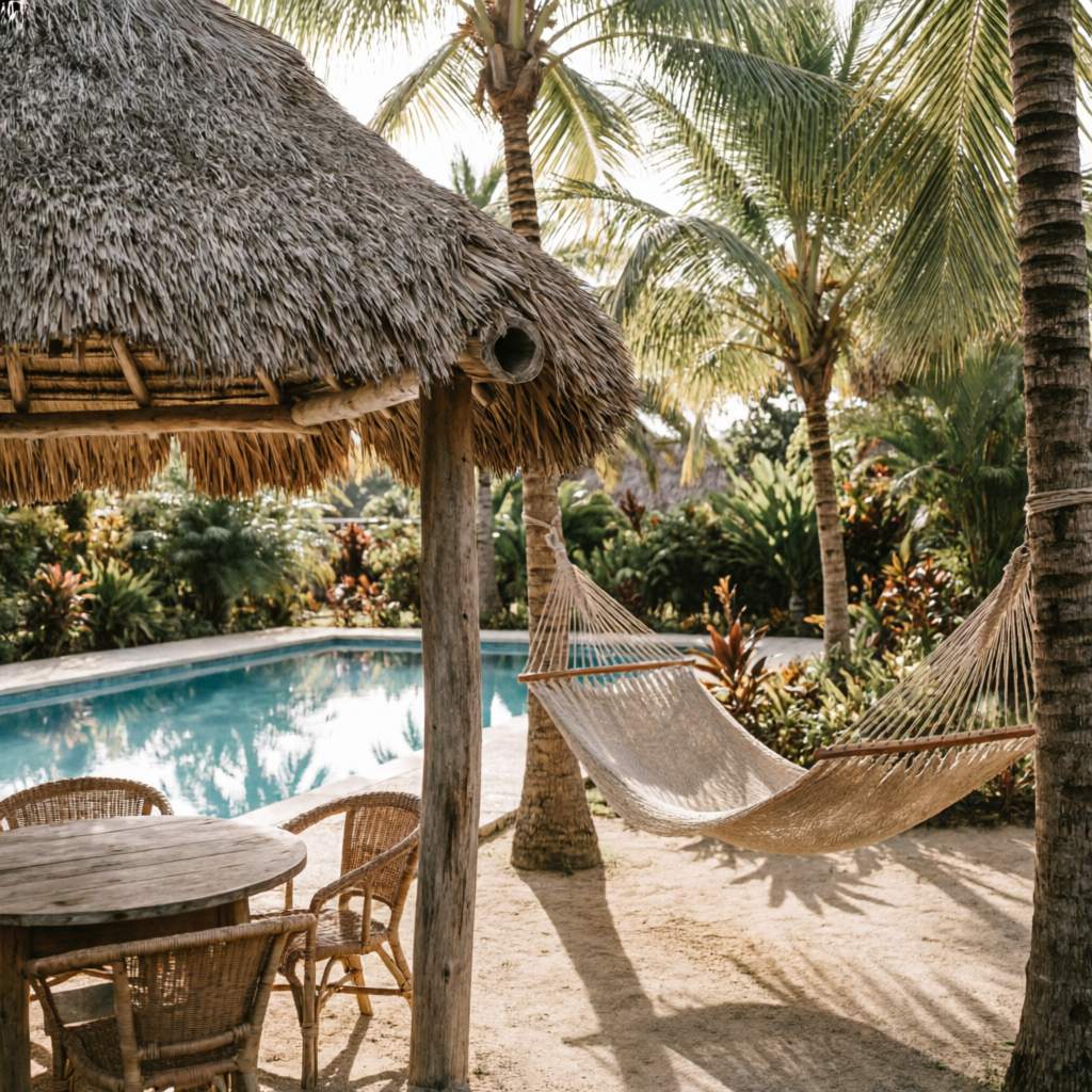 Palapas, hamaca y piscina entre jardines tropicales del Centro Turístico El Rodeo