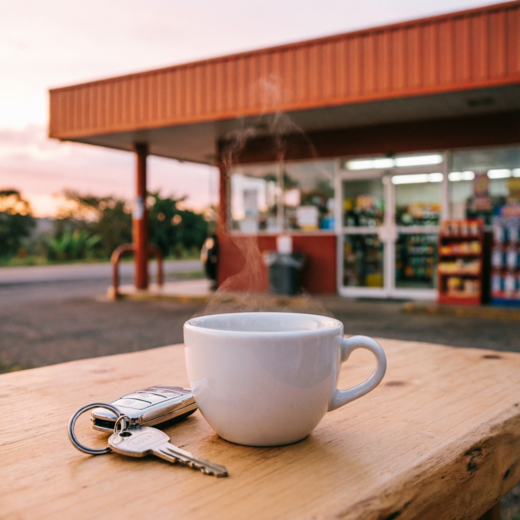 Café humeante y llaves de auto frente a la tienda y gasolinera al atardecer