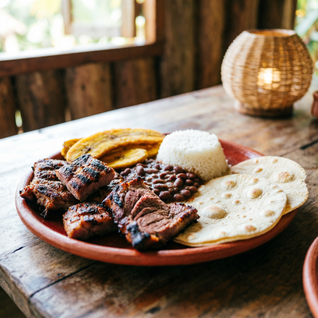 Plato típico con carnes asadas, tortillas y plátano del restaurante