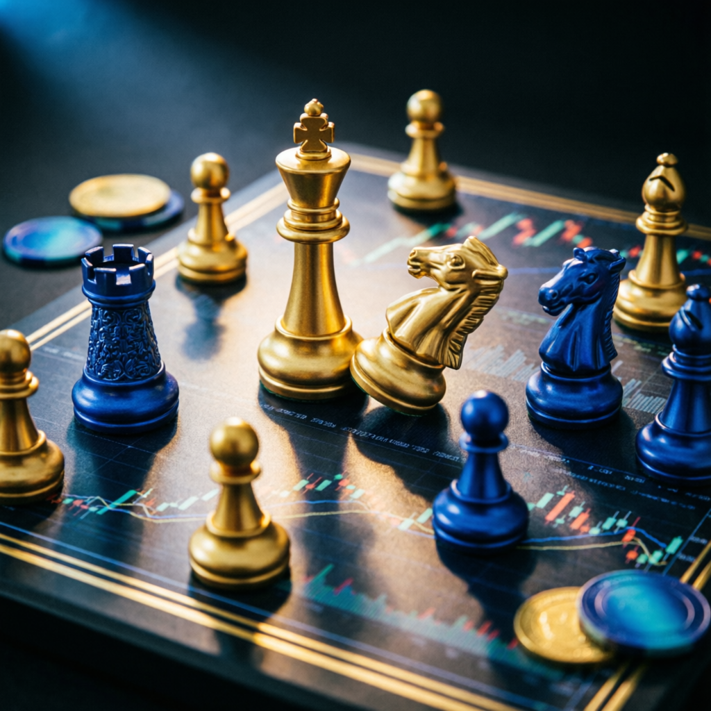 Strategic trading psychology with chess pieces representing market strategy