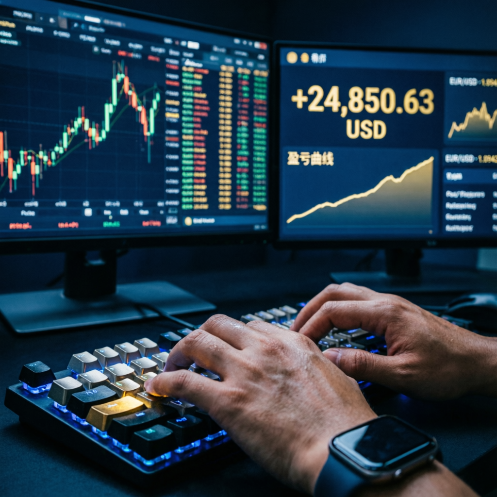 Professional trader executing prop firm passing strategy on multiple screens