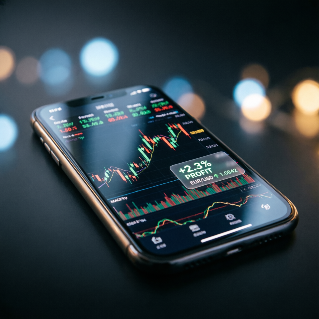 Mobile forex trading app showing profit notifications and live charts