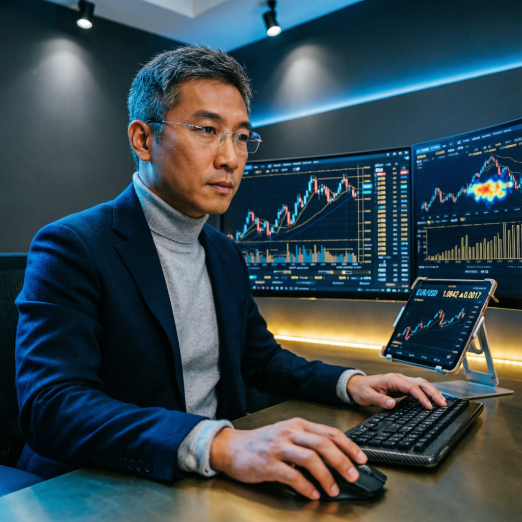 Professional forex trader managing prop firm account with multiple monitors