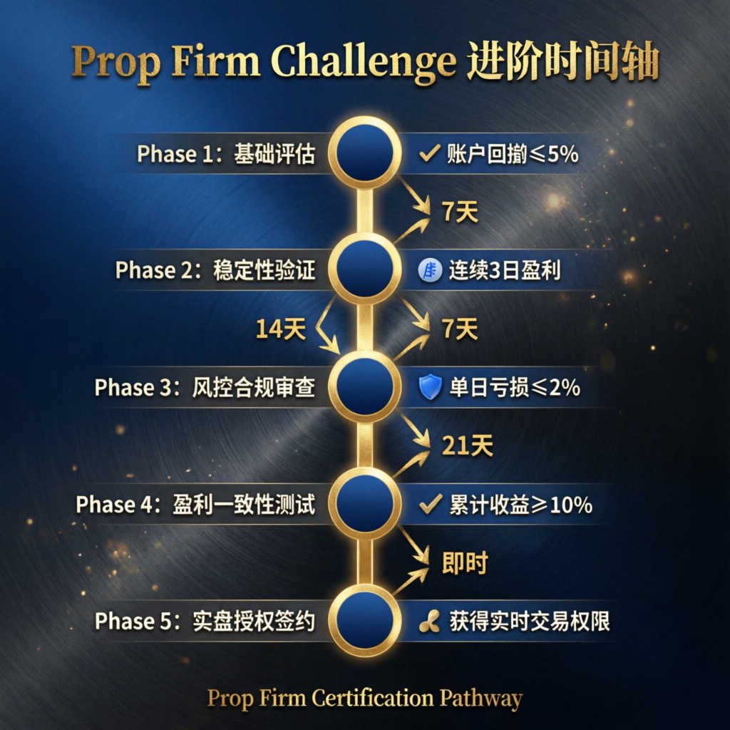Prop firm challenge progression timeline showing evaluation phases