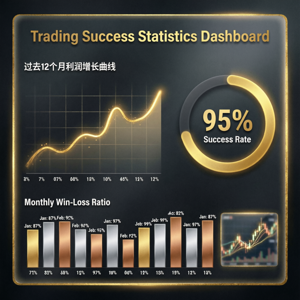 Trading success statistics dashboard showing 95% success rate for prop firm passing service