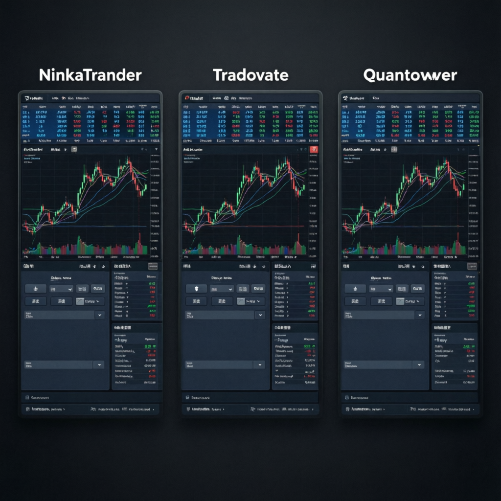 Trading platforms comparison showing NinjaTrader, Tradovate and Quantower for Topstep