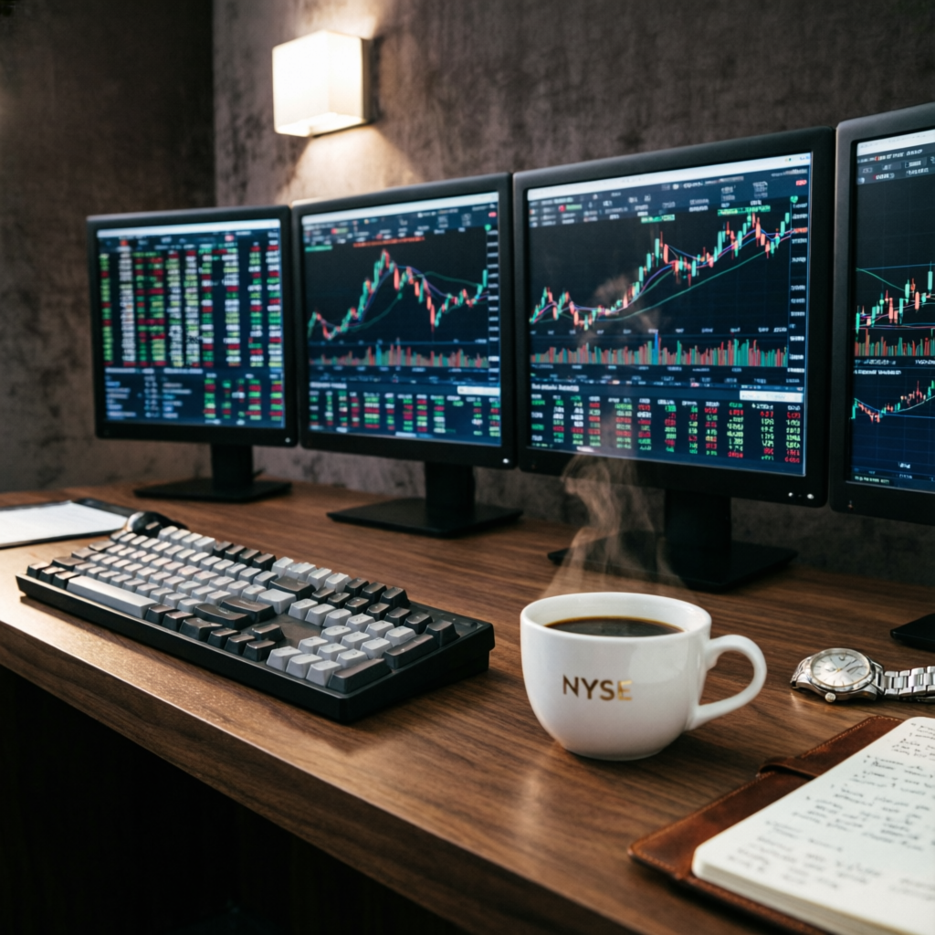 Premium trading desk setup with multiple monitors for Topstep prop firm trading