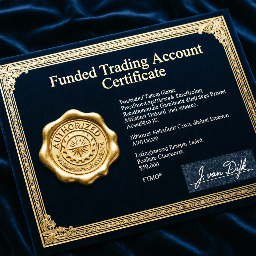 Funded trading account certificate with gold seal representing Topstep funded account