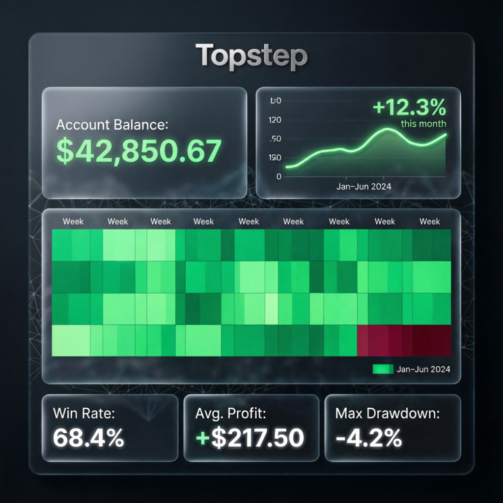 Topstep dashboard showing account balance and trading performance metrics