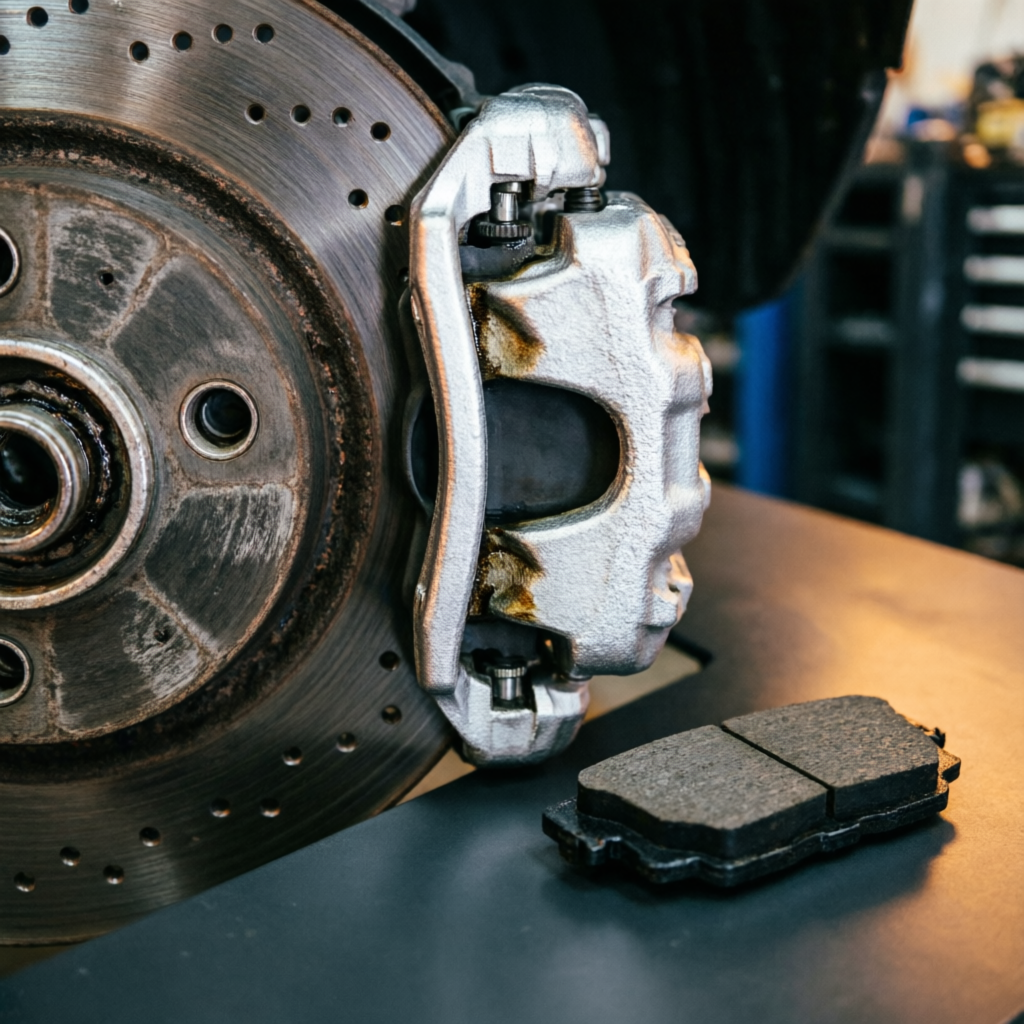 Ventilated brake disc and caliper being serviced with brake pads on the bench (illustrative photo)