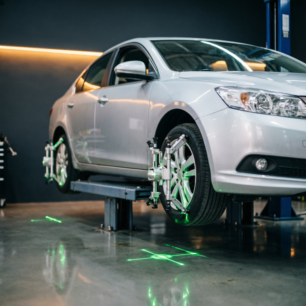 Car raised on a lift with computerized wheel alignment sensors attached to its wheels in a workshop (illustrative photo)