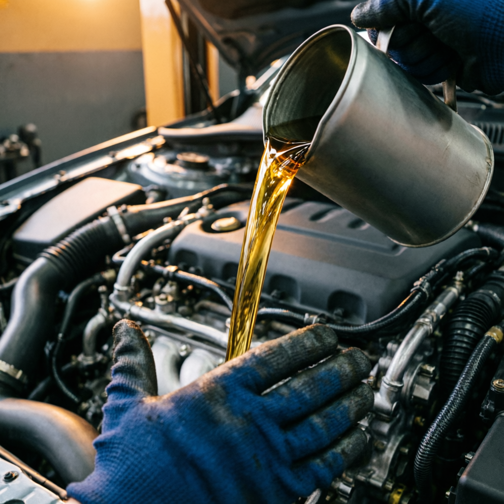 Fresh engine oil being poured into a car engine during an oil service (illustrative photo)