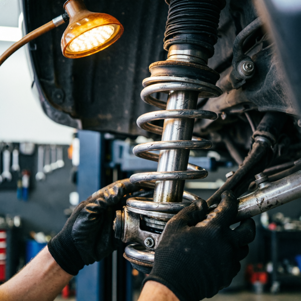 Mechanic's gloved hands inspecting a suspension strut and coil spring under a lifted car (illustrative photo)