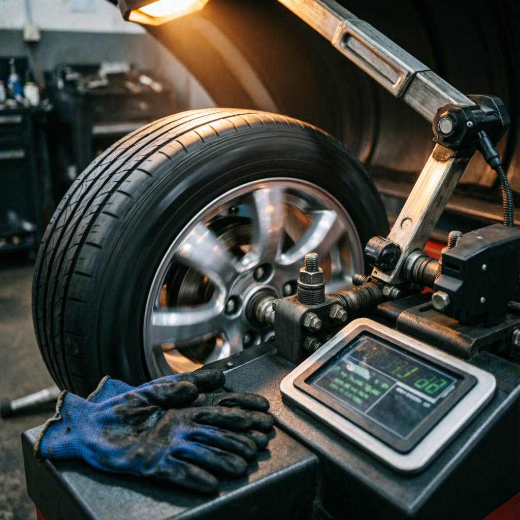 Wheel and tyre mounted on a balancing machine with digital readout in a workshop (illustrative photo)