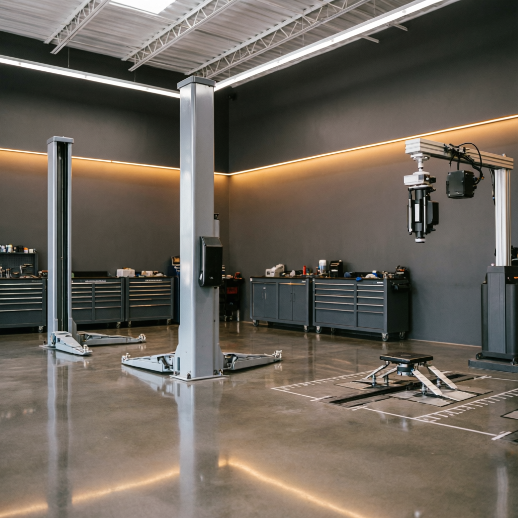 Wide view of a clean car repair workshop with lifts, alignment bay and tool cabinets (illustrative photo)
