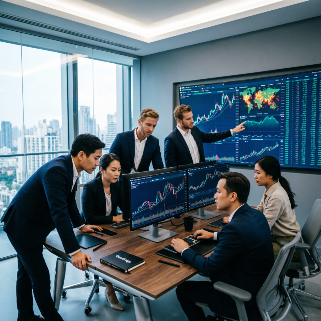Professional trading team of analysts working together in modern office