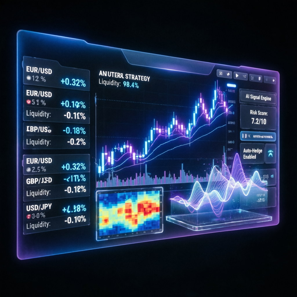 AI-powered trading dashboard with holographic financial charts and neon gradients