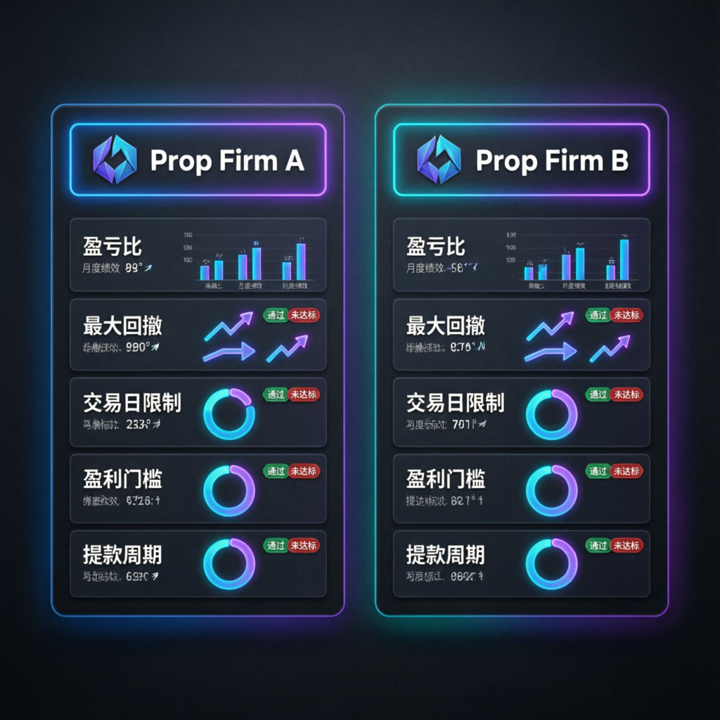 Premium comparison dashboard showing prop firm metrics