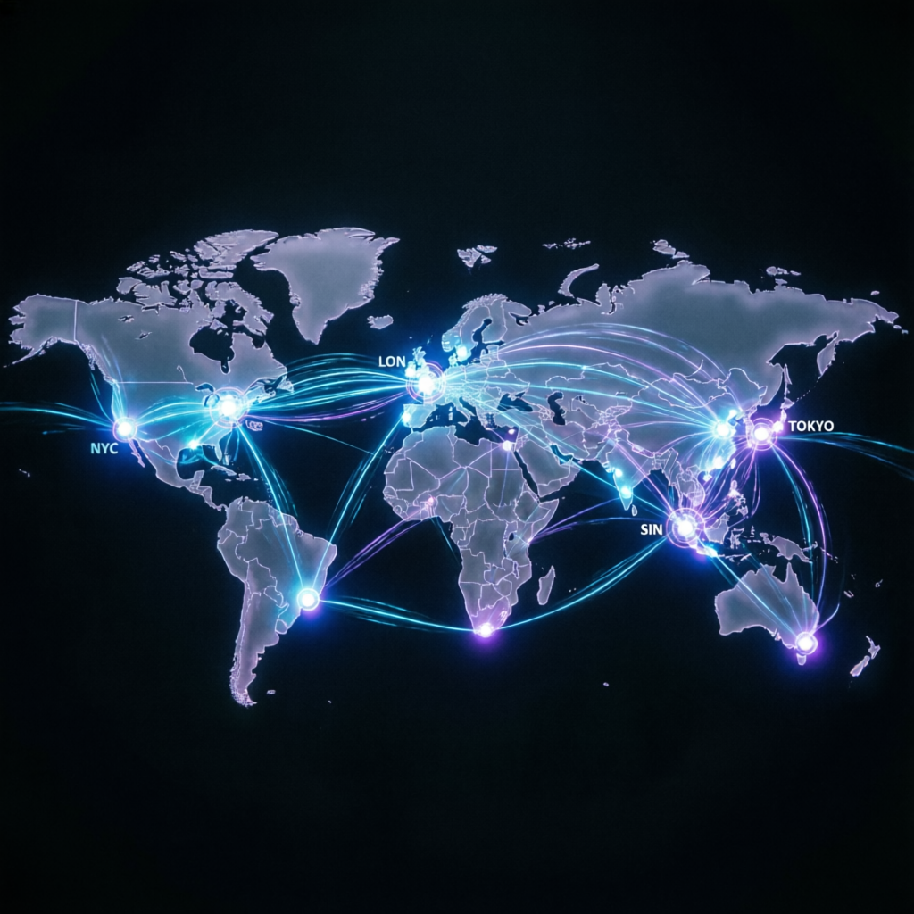 Global forex trading network with world map and connected trading nodes