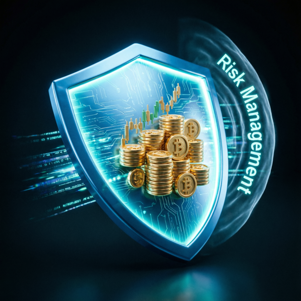 Risk management shield protecting trading capital with glowing cyan accents