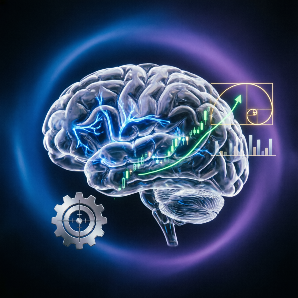 Trading psychology concept with brain visualization and financial charts