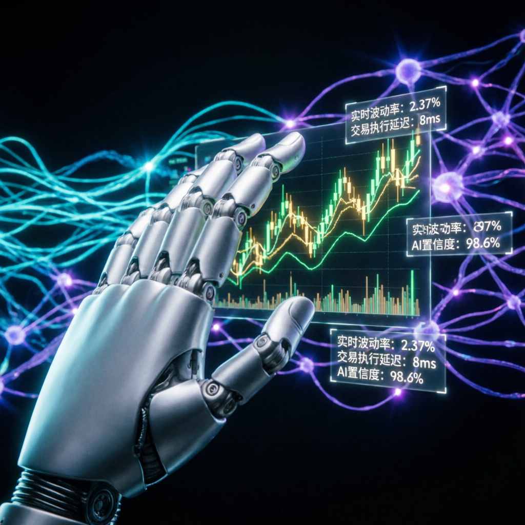 AI robot hand touching digital financial charts representing automated trading