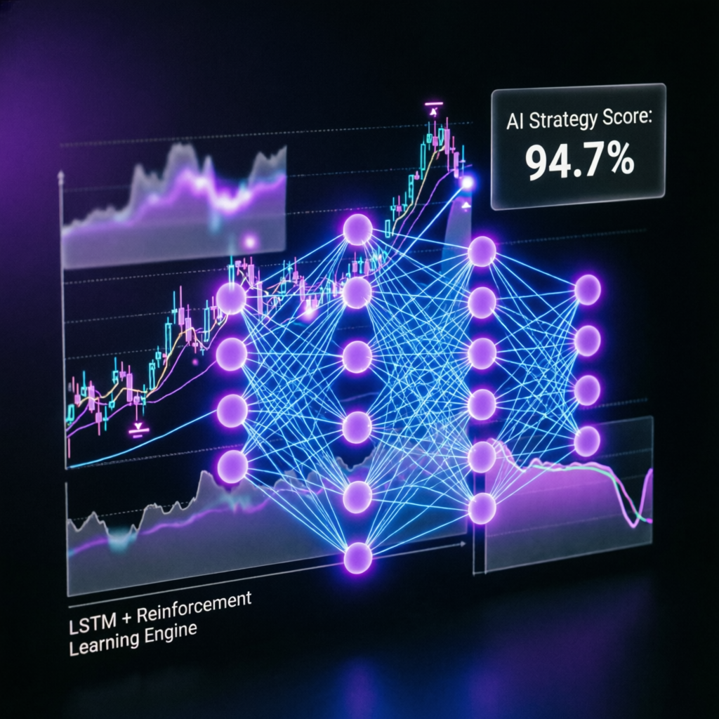AI strategy analytics with neural network patterns on financial charts