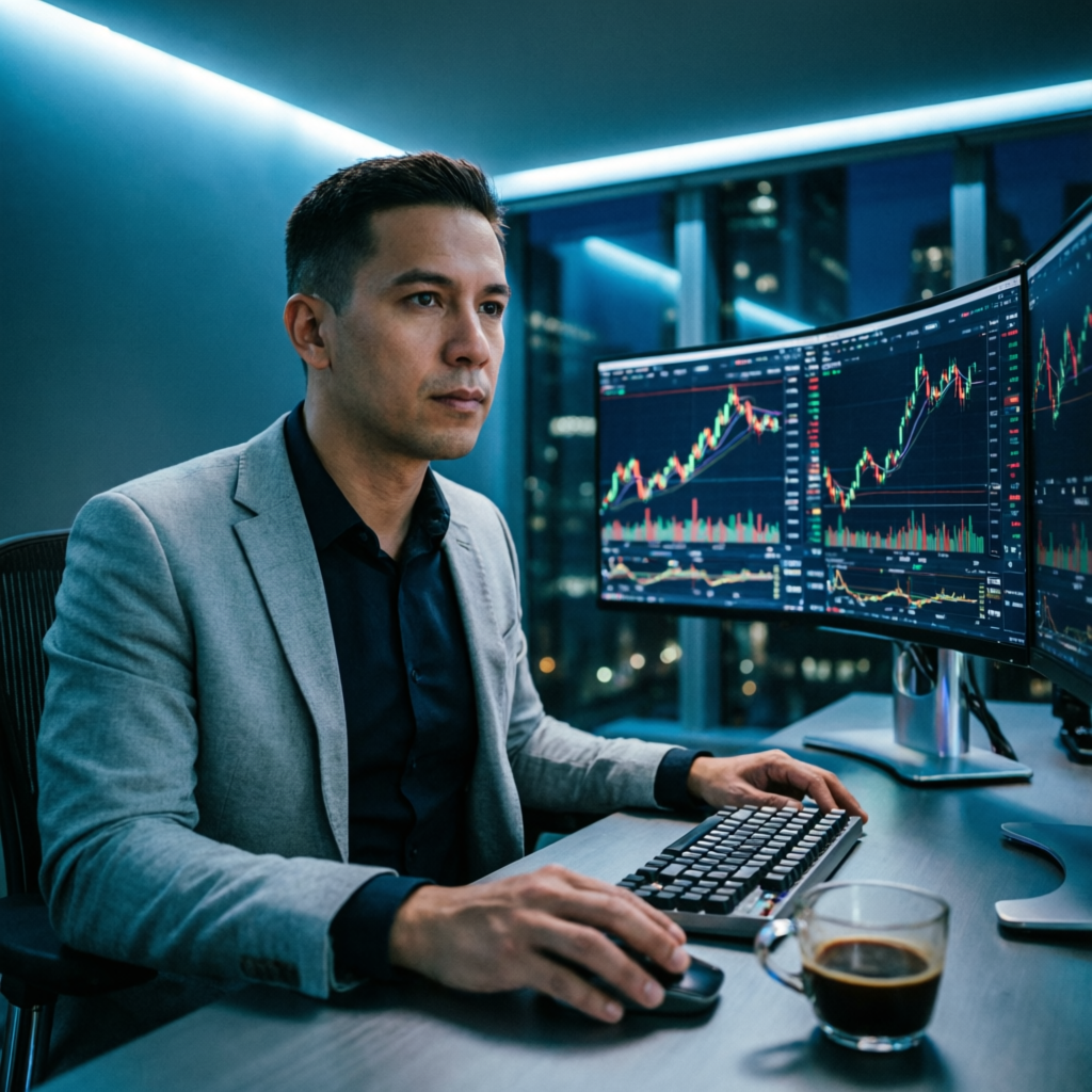 Professional futures trader analyzing multiple screens with trading charts