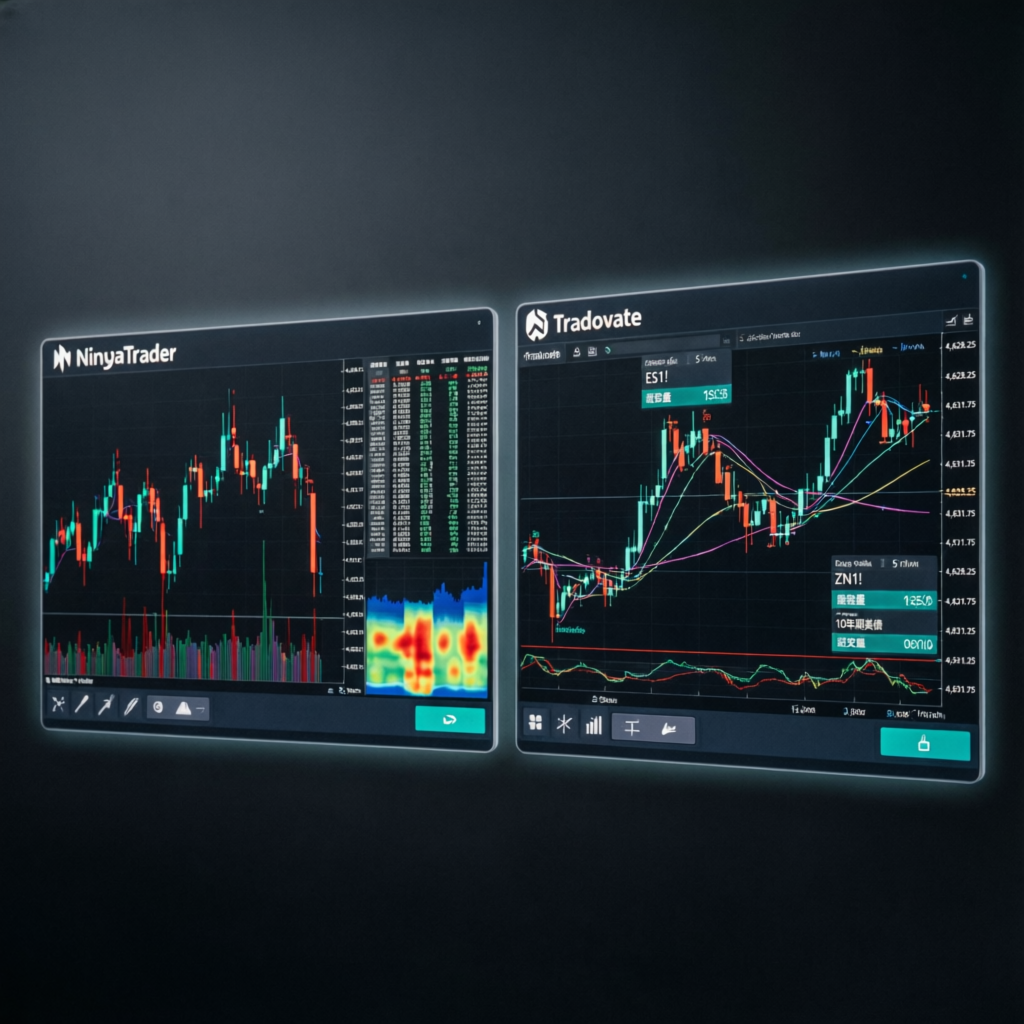 NinjaTrader and Tradovate trading platforms interface with futures charts