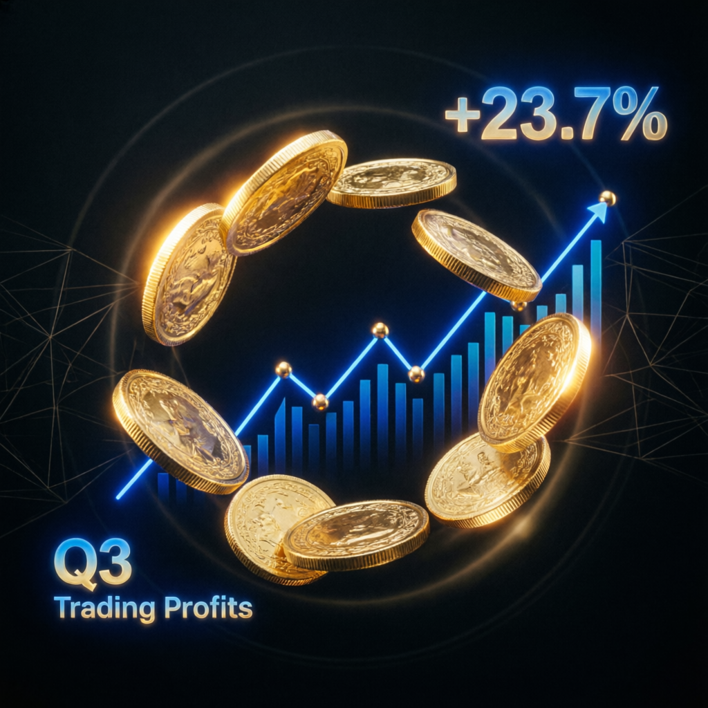 Success celebration with golden coins and trading profits visualization