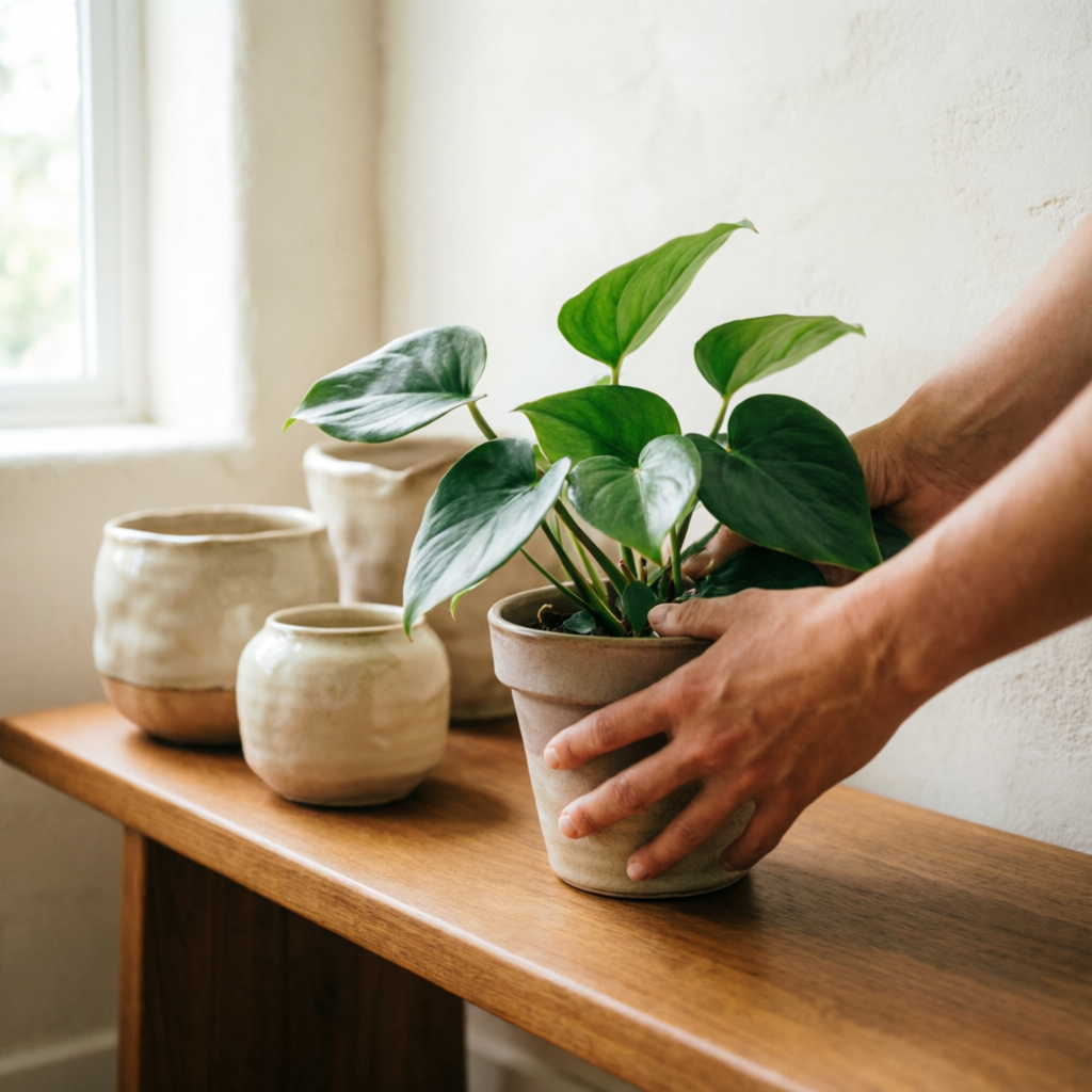 Hands placing a potted philodendron on a wood bench beside ceramic pots