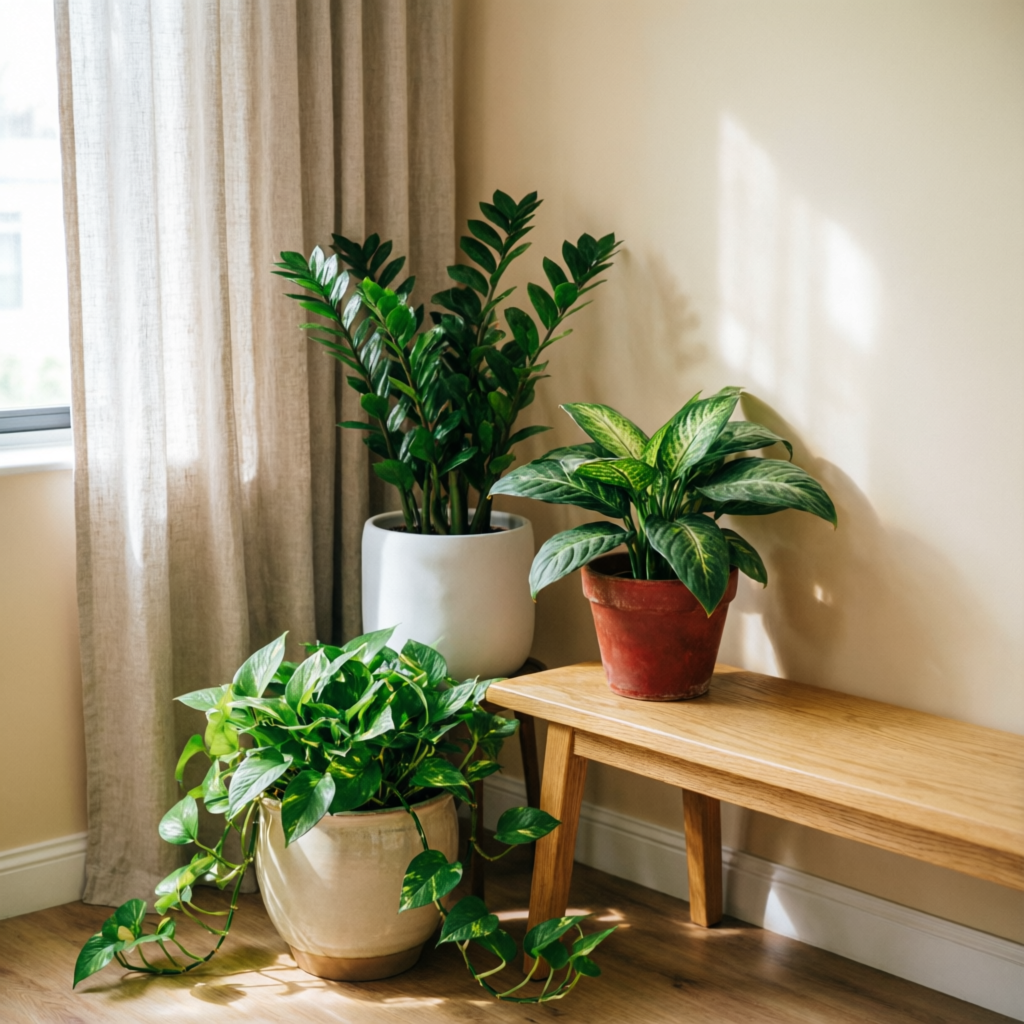 Styled living room corner with ZZ plant, dieffenbachia and pothos in ceramic pots on an oak bench