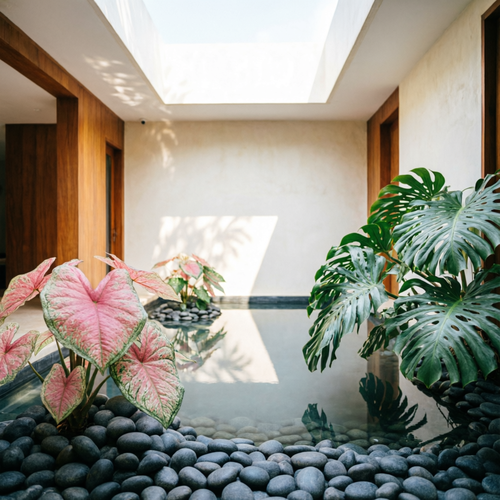 Interior courtyard under a skylight with river stones, still water, caladium and monstera
